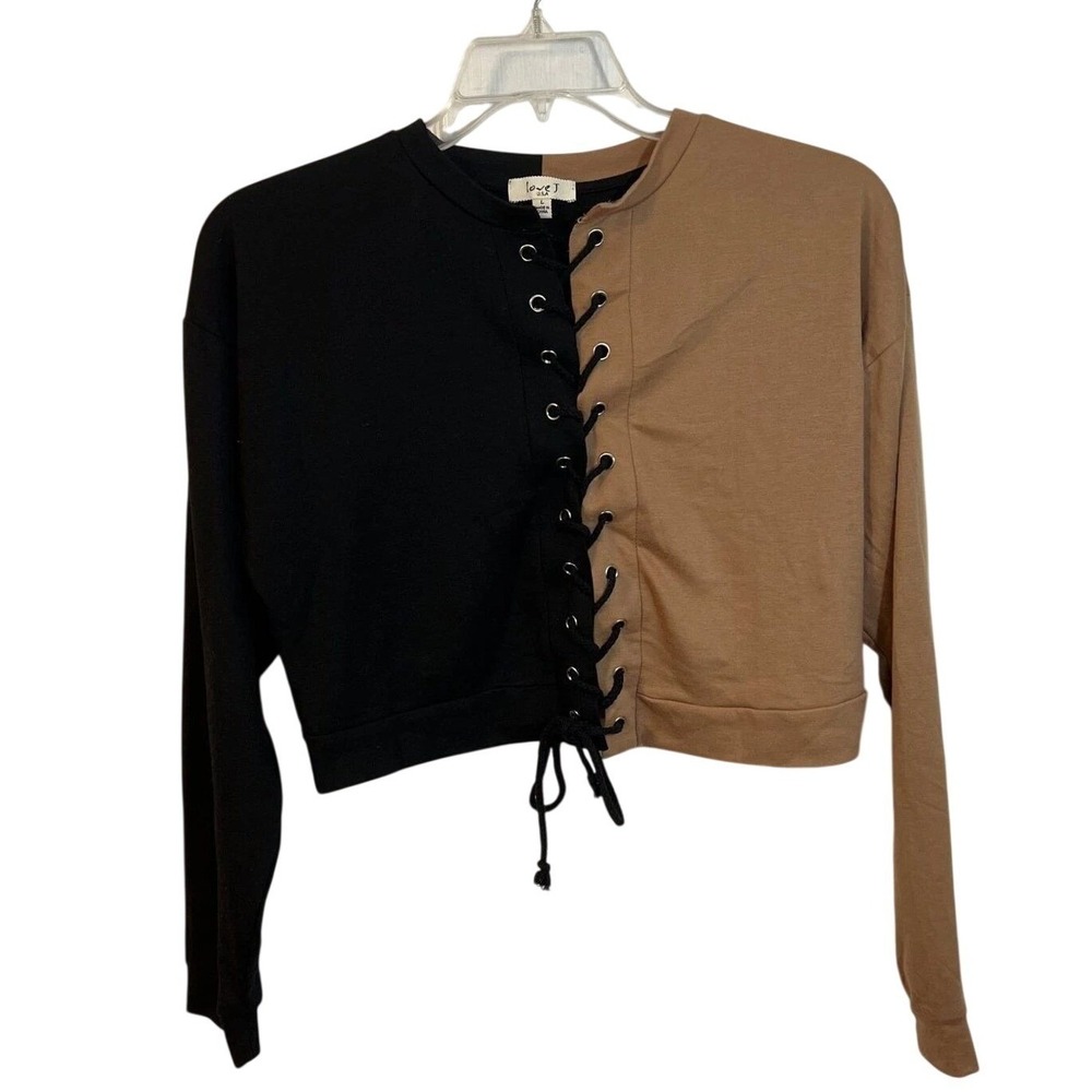 Two Tone Lace Up Cropped Top Shirt Black Tan ColorBlock Women Large Grunge Urban